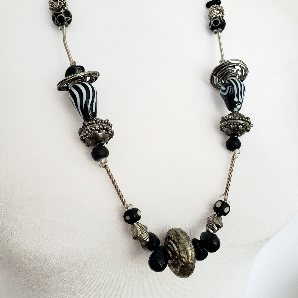 Vintage Long Necklace Rustic Silver & Venetian Glass Beads Black & White Swirls